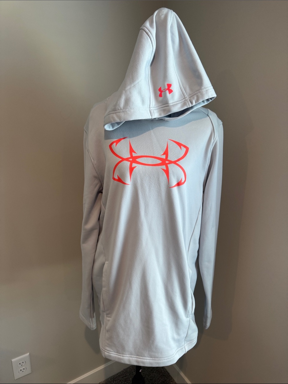 Under Armour Light Gray Hoodie with Bright Coral Logo